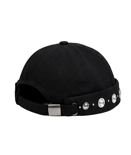 Rear angled view of the black Diamond Halo Cap showing decorative studs and the adjustable strap