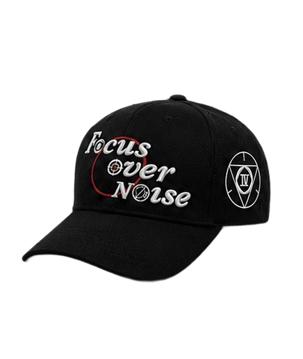 Angled view of the black Flow State cap showing Focus Over Noise lettering and a white geometric side emblem
